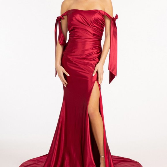 BURGUNDY Gathered Bodice Satin Mermaid Dress w/ Straight Across Neckline GL3059